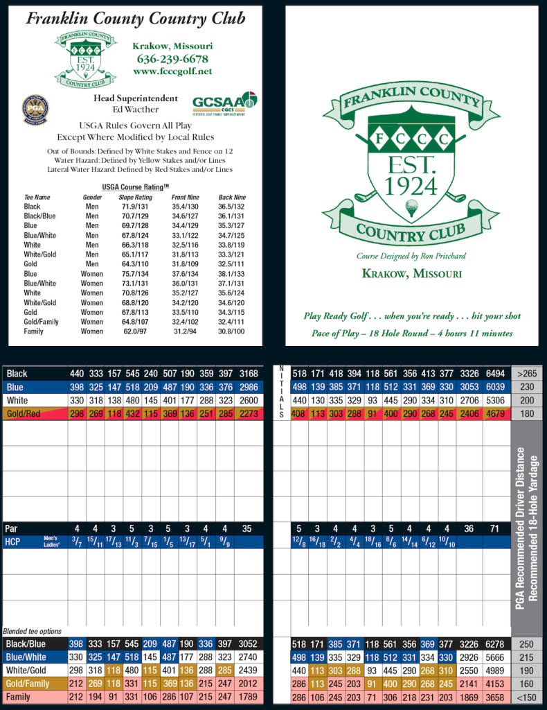 Course Stats and Score Card Franklin County Country Club